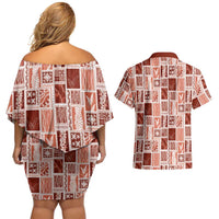 Vintage Aloha Block Quilt Couples Matching Off Shoulder Short Dress and Hawaiian Shirt Red Inspired Lei Motifs - Polynesian Pride