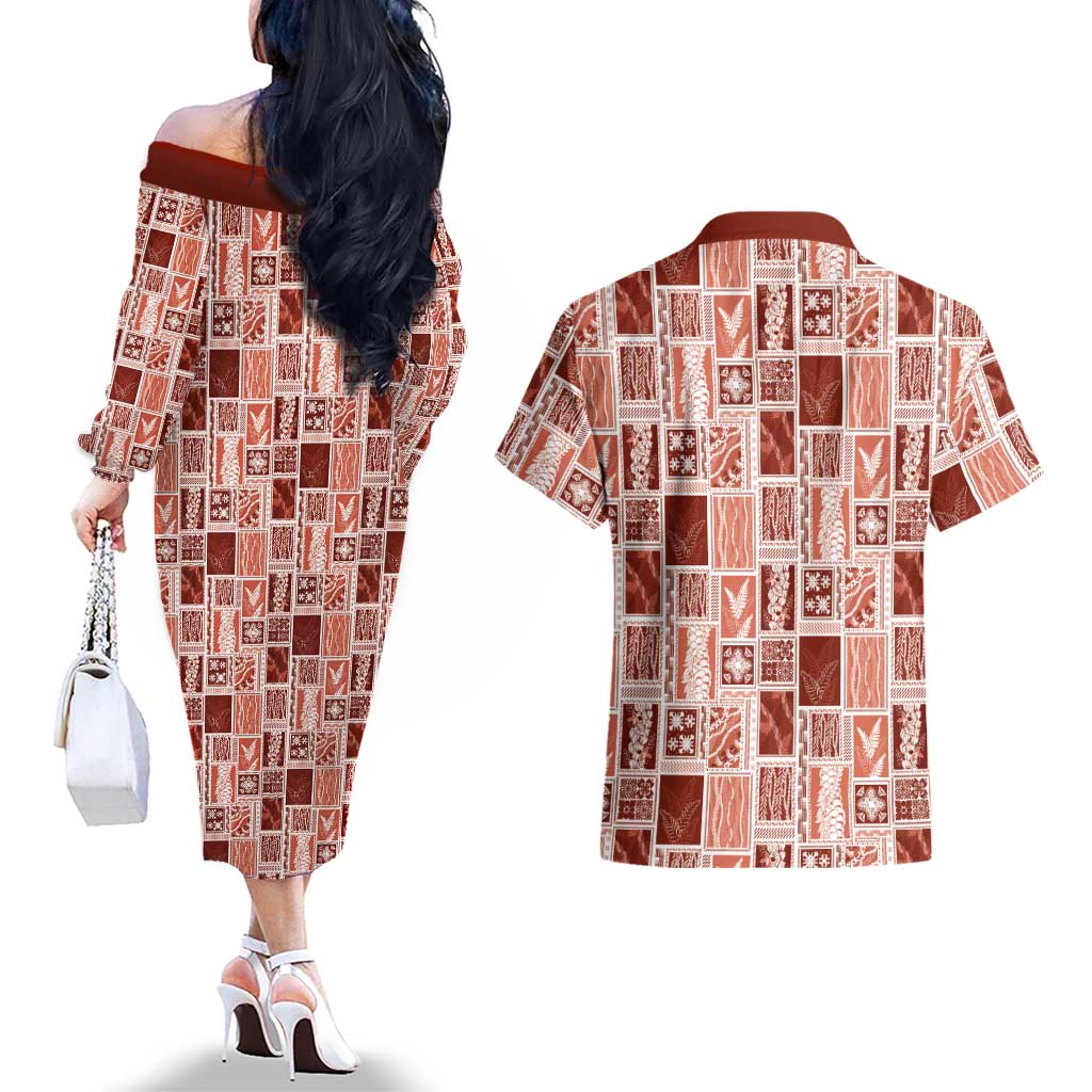 Vintage Aloha Block Quilt Couples Matching Off The Shoulder Long Sleeve Dress and Hawaiian Shirt Red Inspired Lei Motifs LT9 - Polynesian Pride