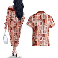Vintage Aloha Block Quilt Couples Matching Off The Shoulder Long Sleeve Dress and Hawaiian Shirt Red Inspired Lei Motifs LT9 - Polynesian Pride