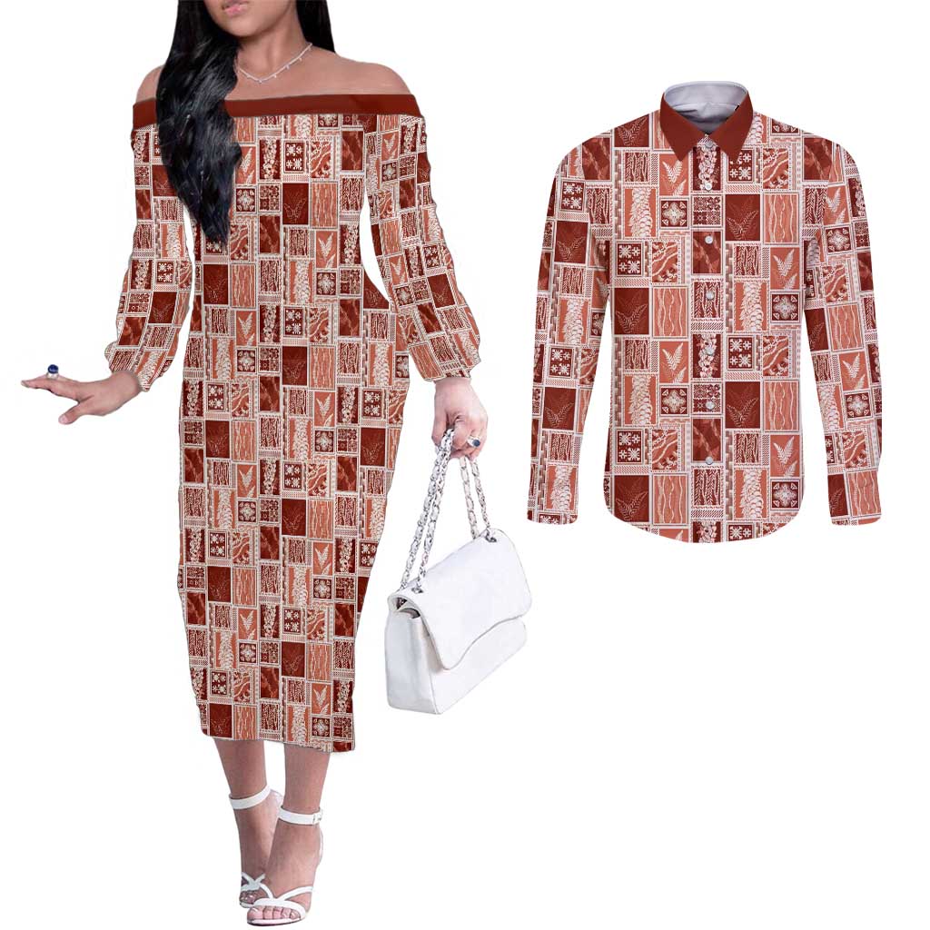 Vintage Aloha Block Quilt Couples Matching Off The Shoulder Long Sleeve Dress and Long Sleeve Button Shirt Red Inspired Lei Motifs LT9 Red - Polynesian Pride