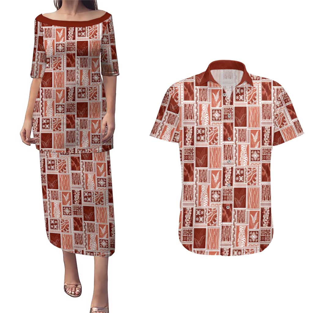 Vintage Aloha Block Quilt Couples Matching Puletasi and Hawaiian Shirt Red Inspired Lei Motifs - Polynesian Pride