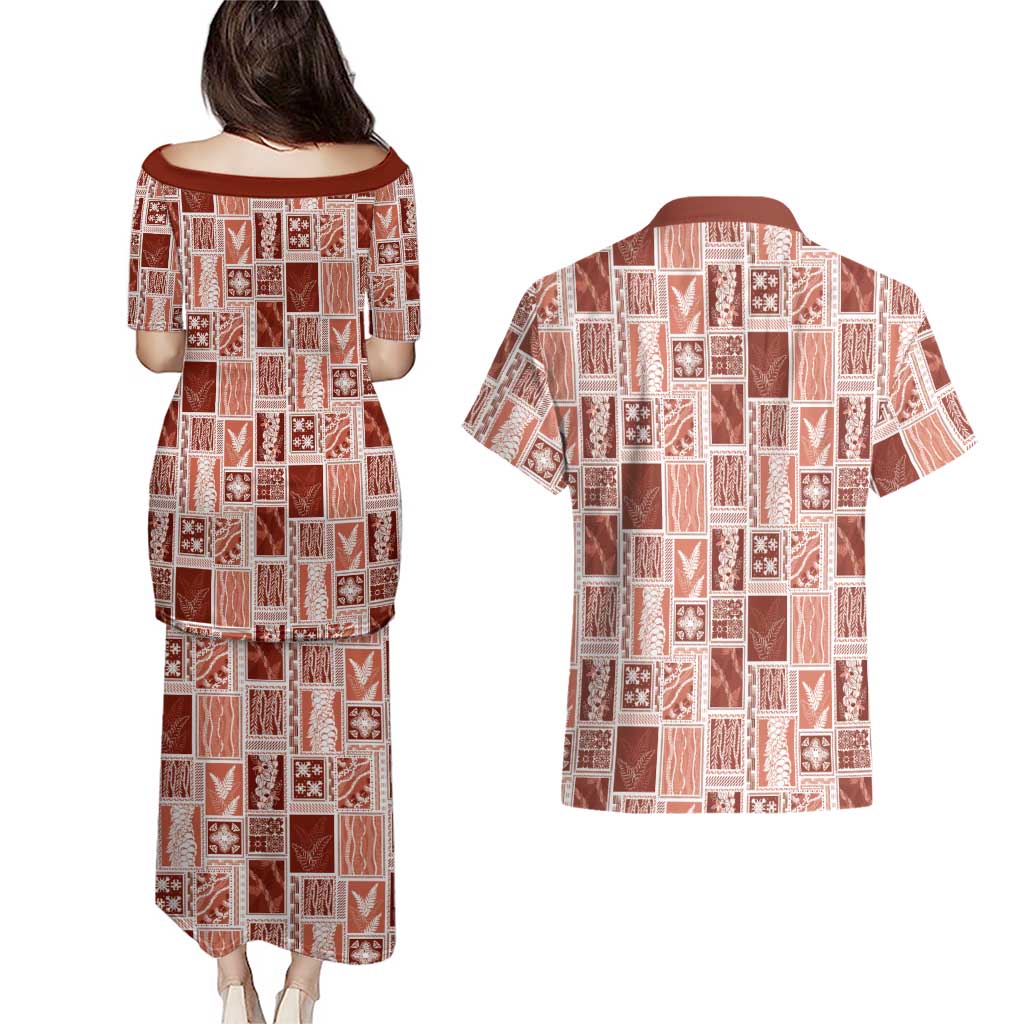 Vintage Aloha Block Quilt Couples Matching Puletasi and Hawaiian Shirt Red Inspired Lei Motifs - Polynesian Pride