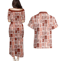 Vintage Aloha Block Quilt Couples Matching Puletasi and Hawaiian Shirt Red Inspired Lei Motifs - Polynesian Pride