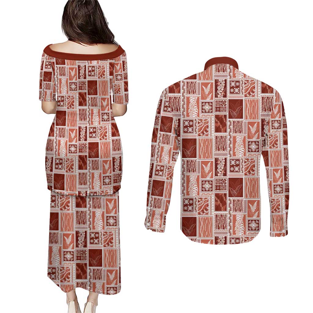 Vintage Aloha Block Quilt Couples Matching Puletasi and Long Sleeve Button Shirt Red Inspired Lei Motifs - Polynesian Pride