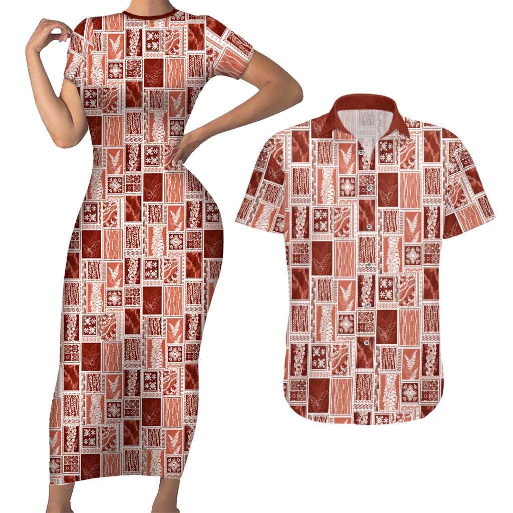 Vintage Aloha Block Quilt Couples Matching Short Sleeve Bodycon Dress and Hawaiian Shirt Red Inspired Lei Motifs - Polynesian Pride