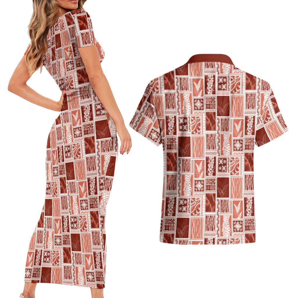 Vintage Aloha Block Quilt Couples Matching Short Sleeve Bodycon Dress and Hawaiian Shirt Red Inspired Lei Motifs LT9 - Polynesian Pride