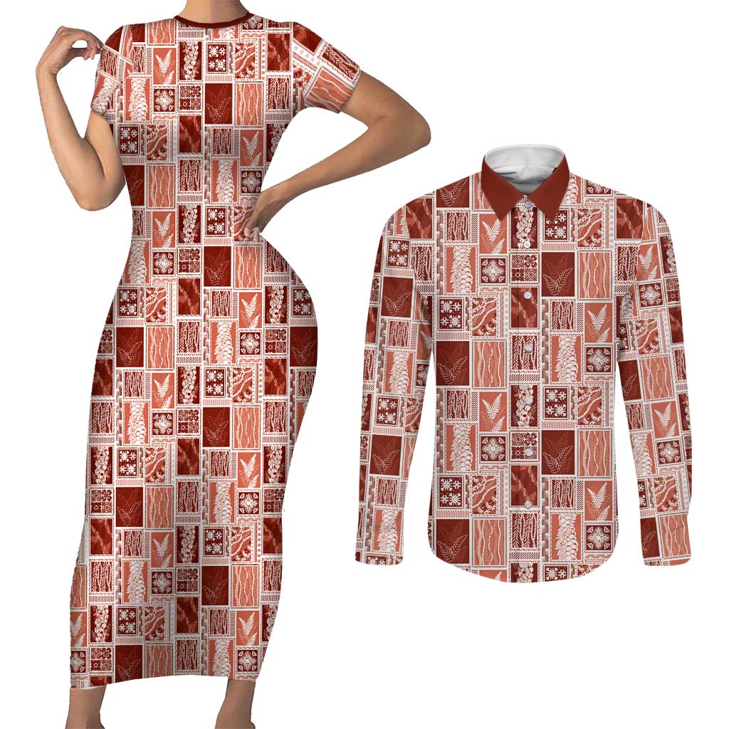 Vintage Aloha Block Quilt Couples Matching Short Sleeve Bodycon Dress and Long Sleeve Button Shirt Red Inspired Lei Motifs - Polynesian Pride