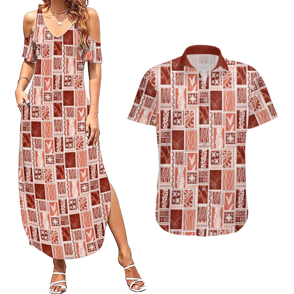 Vintage Aloha Block Quilt Couples Matching Summer Maxi Dress and Hawaiian Shirt Red Inspired Lei Motifs - Polynesian Pride