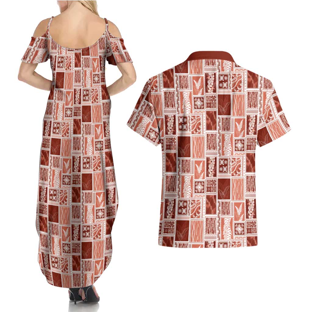 Vintage Aloha Block Quilt Couples Matching Summer Maxi Dress and Hawaiian Shirt Red Inspired Lei Motifs - Polynesian Pride
