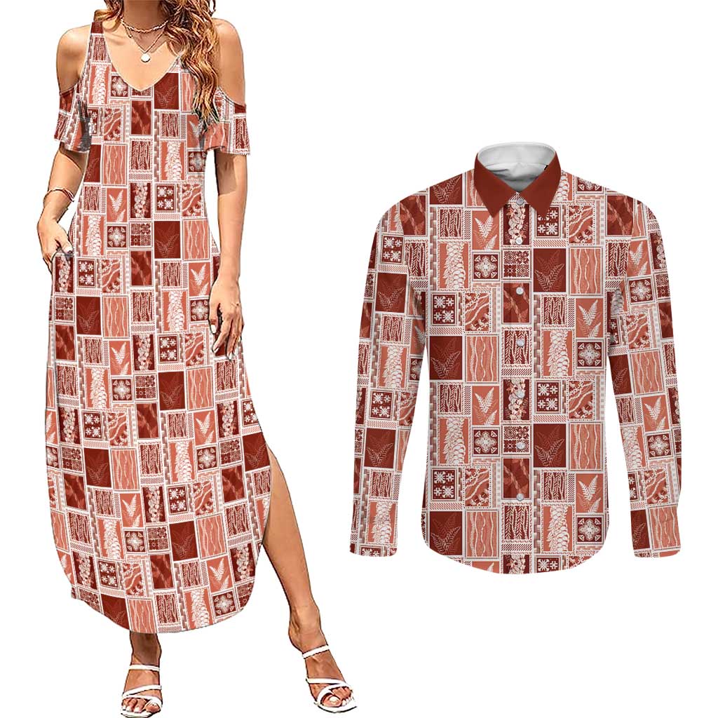 Vintage Aloha Block Quilt Couples Matching Summer Maxi Dress and Long Sleeve Button Shirt Red Inspired Lei Motifs - Polynesian Pride