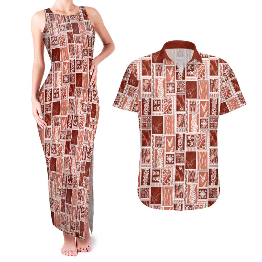 Vintage Aloha Block Quilt Couples Matching Tank Maxi Dress and Hawaiian Shirt Red Inspired Lei Motifs - Polynesian Pride