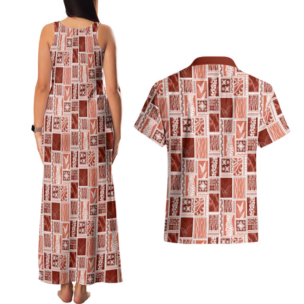 Vintage Aloha Block Quilt Couples Matching Tank Maxi Dress and Hawaiian Shirt Red Inspired Lei Motifs LT9 - Polynesian Pride