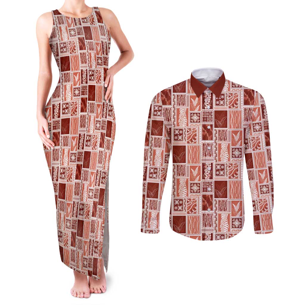 Vintage Aloha Block Quilt Couples Matching Tank Maxi Dress and Long Sleeve Button Shirt Red Inspired Lei Motifs - Polynesian Pride