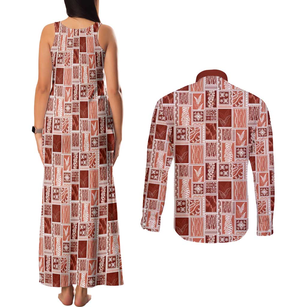 Vintage Aloha Block Quilt Couples Matching Tank Maxi Dress and Long Sleeve Button Shirt Red Inspired Lei Motifs - Polynesian Pride