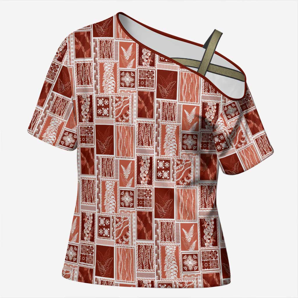 Vintage Aloha Block Quilt Cross Shoulder Shirt Red Inspired Lei Motifs - Polynesian Pride