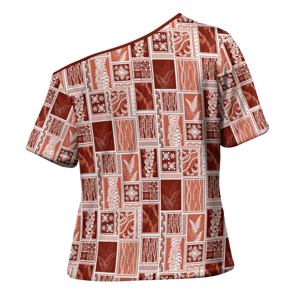 Vintage Aloha Block Quilt Cross Shoulder Shirt Red Inspired Lei Motifs - Polynesian Pride