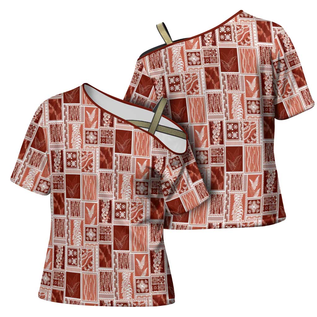 Vintage Aloha Block Quilt Cross Shoulder Shirt Red Inspired Lei Motifs - Polynesian Pride