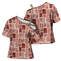 Vintage Aloha Block Quilt Cross Shoulder Shirt Red Inspired Lei Motifs - Polynesian Pride