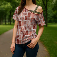 Vintage Aloha Block Quilt Cross Shoulder Shirt Red Inspired Lei Motifs - Polynesian Pride