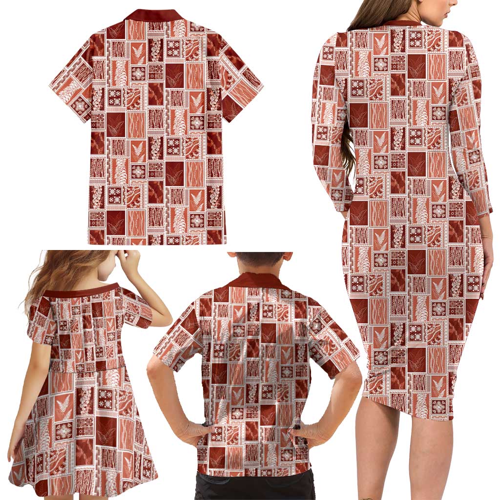 Vintage Aloha Block Quilt Family Matching Long Sleeve Bodycon Dress and Hawaiian Shirt Red Inspired Lei Motifs LT9 - Polynesian Pride