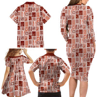 Vintage Aloha Block Quilt Family Matching Long Sleeve Bodycon Dress and Hawaiian Shirt Red Inspired Lei Motifs LT9 - Polynesian Pride