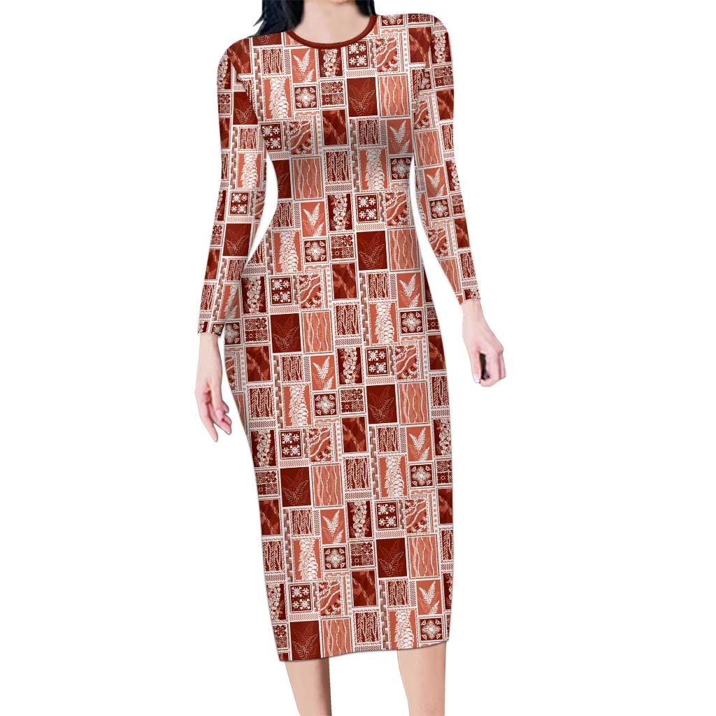 Vintage Aloha Block Quilt Family Matching Long Sleeve Bodycon Dress and Hawaiian Shirt Red Inspired Lei Motifs LT9 Mom's Dress Red - Polynesian Pride