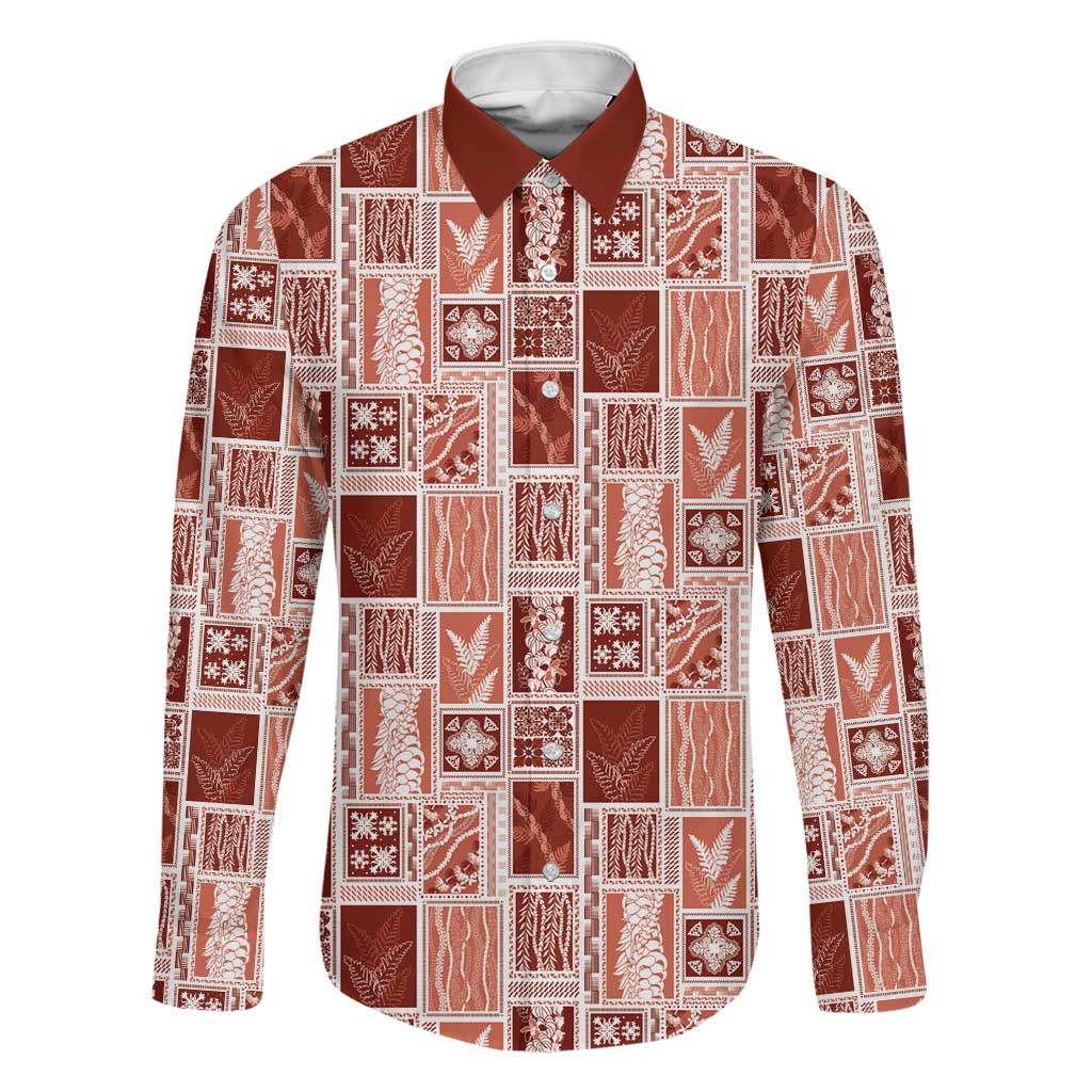 Vintage Aloha Block Quilt Family Matching Mermaid Dress and Hawaiian Shirt Red Inspired Lei Motifs LT9 Dad's Shirt - Long Sleeve Red - Polynesian Pride