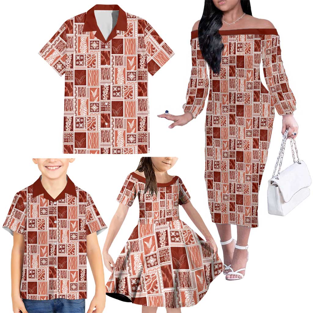 Vintage Aloha Block Quilt Family Matching Off The Shoulder Long Sleeve Dress and Hawaiian Shirt Red Inspired Lei Motifs - Polynesian Pride