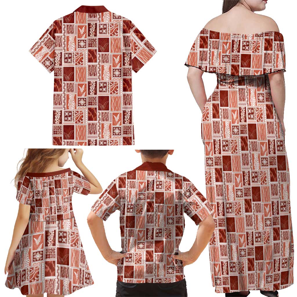 Vintage Aloha Block Quilt Family Matching Off Shoulder Maxi Dress and Hawaiian Shirt Red Inspired Lei Motifs LT9 - Polynesian Pride