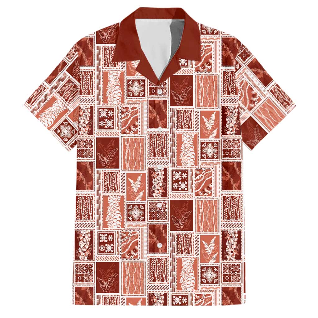 Vintage Aloha Block Quilt Family Matching Off Shoulder Maxi Dress and Hawaiian Shirt Red Inspired Lei Motifs LT9 Dad's Shirt - Short Sleeve Red - Polynesian Pride
