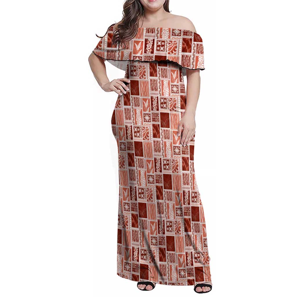Vintage Aloha Block Quilt Family Matching Off Shoulder Maxi Dress and Hawaiian Shirt Red Inspired Lei Motifs LT9 Mom's Dress Red - Polynesian Pride