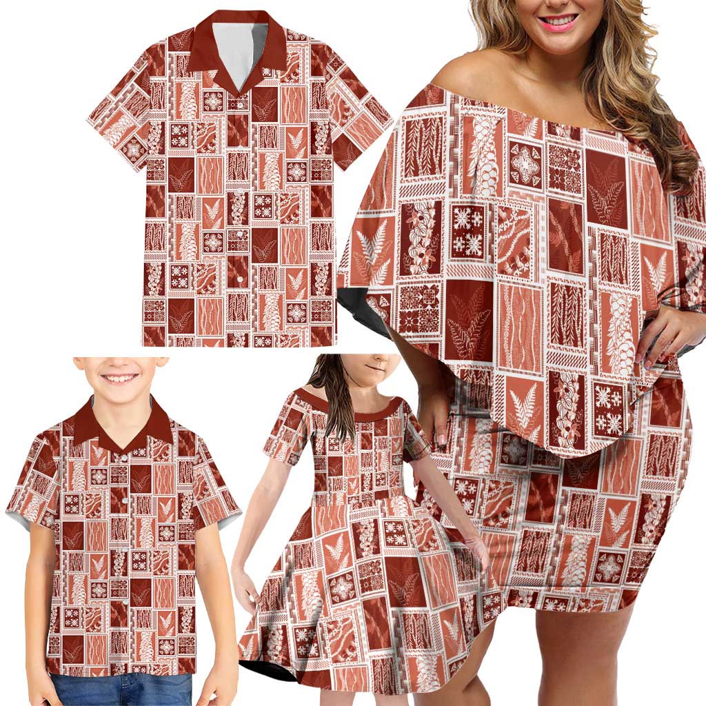 Vintage Aloha Block Quilt Family Matching Off Shoulder Short Dress and Hawaiian Shirt Red Inspired Lei Motifs - Polynesian Pride