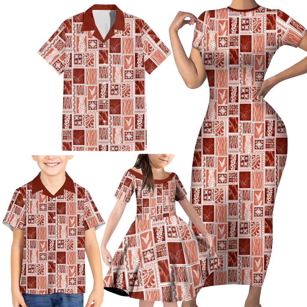 Vintage Aloha Block Quilt Family Matching Short Sleeve Bodycon Dress and Hawaiian Shirt Red Inspired Lei Motifs LT9 - Polynesian Pride