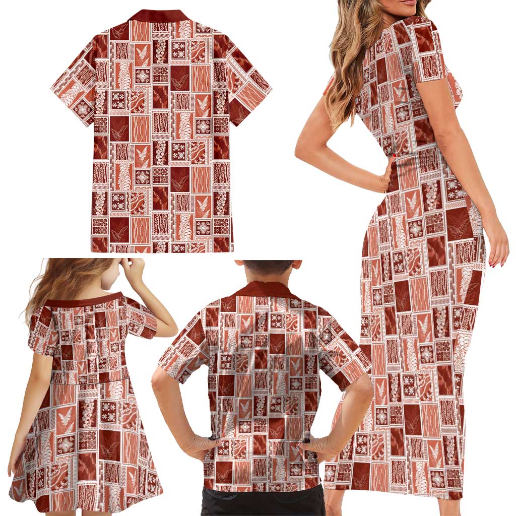 Vintage Aloha Block Quilt Family Matching Short Sleeve Bodycon Dress and Hawaiian Shirt Red Inspired Lei Motifs LT9 - Polynesian Pride