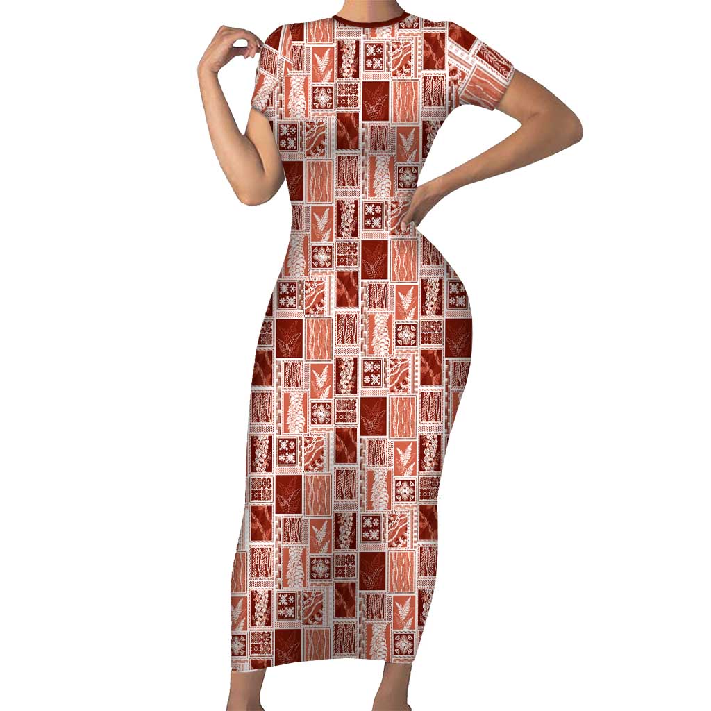 Vintage Aloha Block Quilt Family Matching Short Sleeve Bodycon Dress and Hawaiian Shirt Red Inspired Lei Motifs LT9 Mom's Dress Red - Polynesian Pride