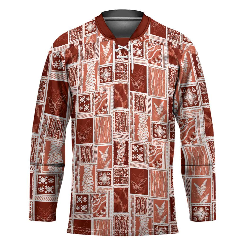 Vintage Aloha Block Quilt Hockey Jersey Red Inspired Lei Motifs - Polynesian Pride