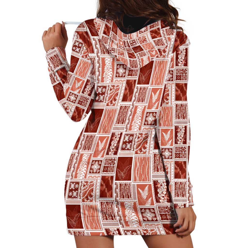 Vintage Aloha Block Quilt Hoodie Dress Red Inspired Lei Motifs - Polynesian Pride