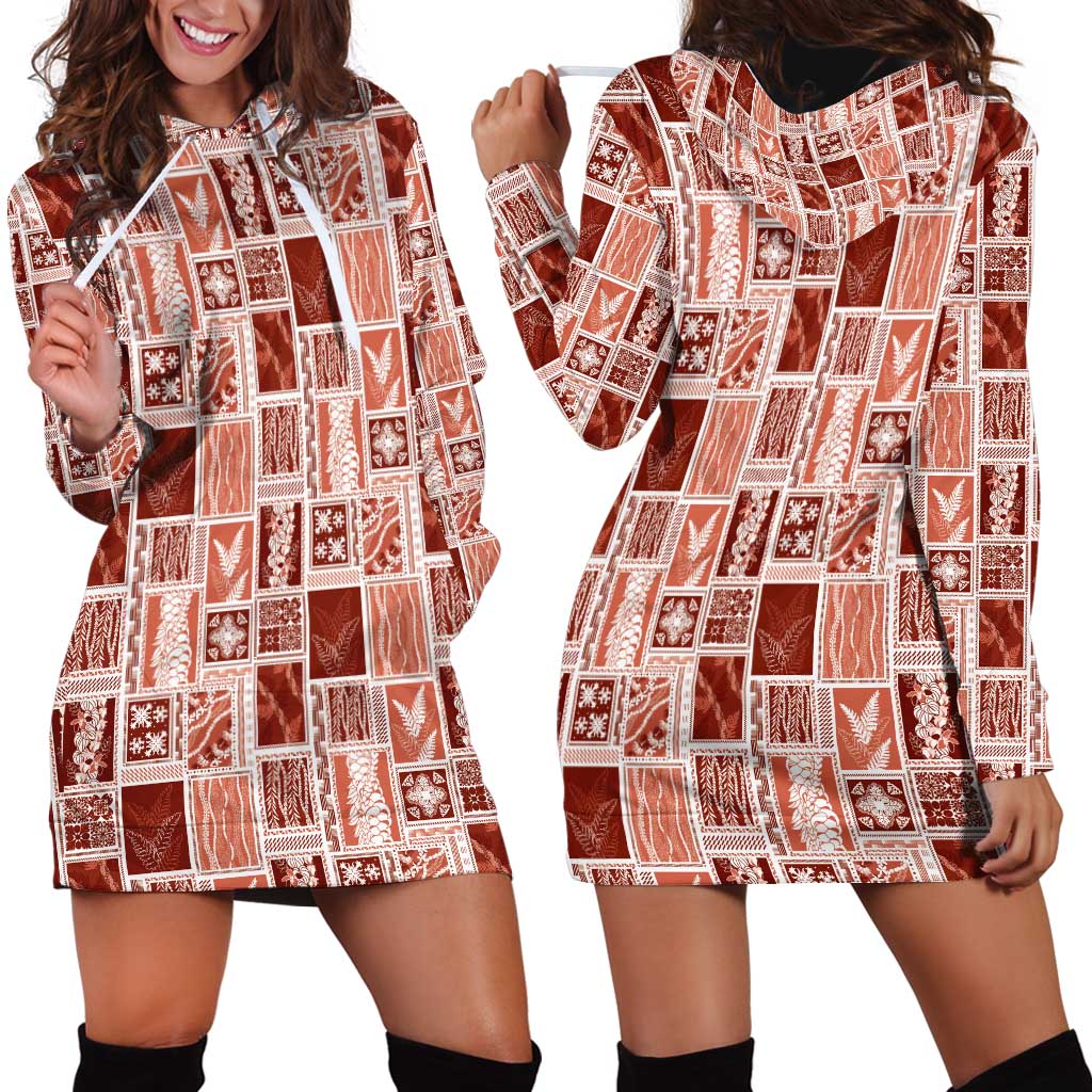 Vintage Aloha Block Quilt Hoodie Dress Red Inspired Lei Motifs - Polynesian Pride