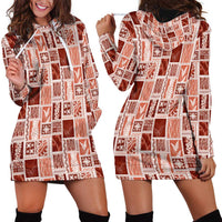 Vintage Aloha Block Quilt Hoodie Dress Red Inspired Lei Motifs - Polynesian Pride