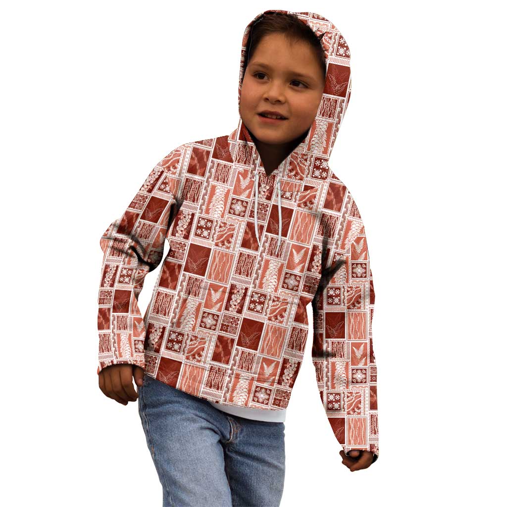 Vintage Aloha Block Quilt Kid Hoodie Red Inspired Lei Motifs - Polynesian Pride