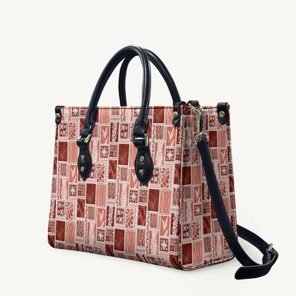 Vintage Aloha Block Quilt Leather Bag Red Inspired Lei Motifs - Polynesian Pride