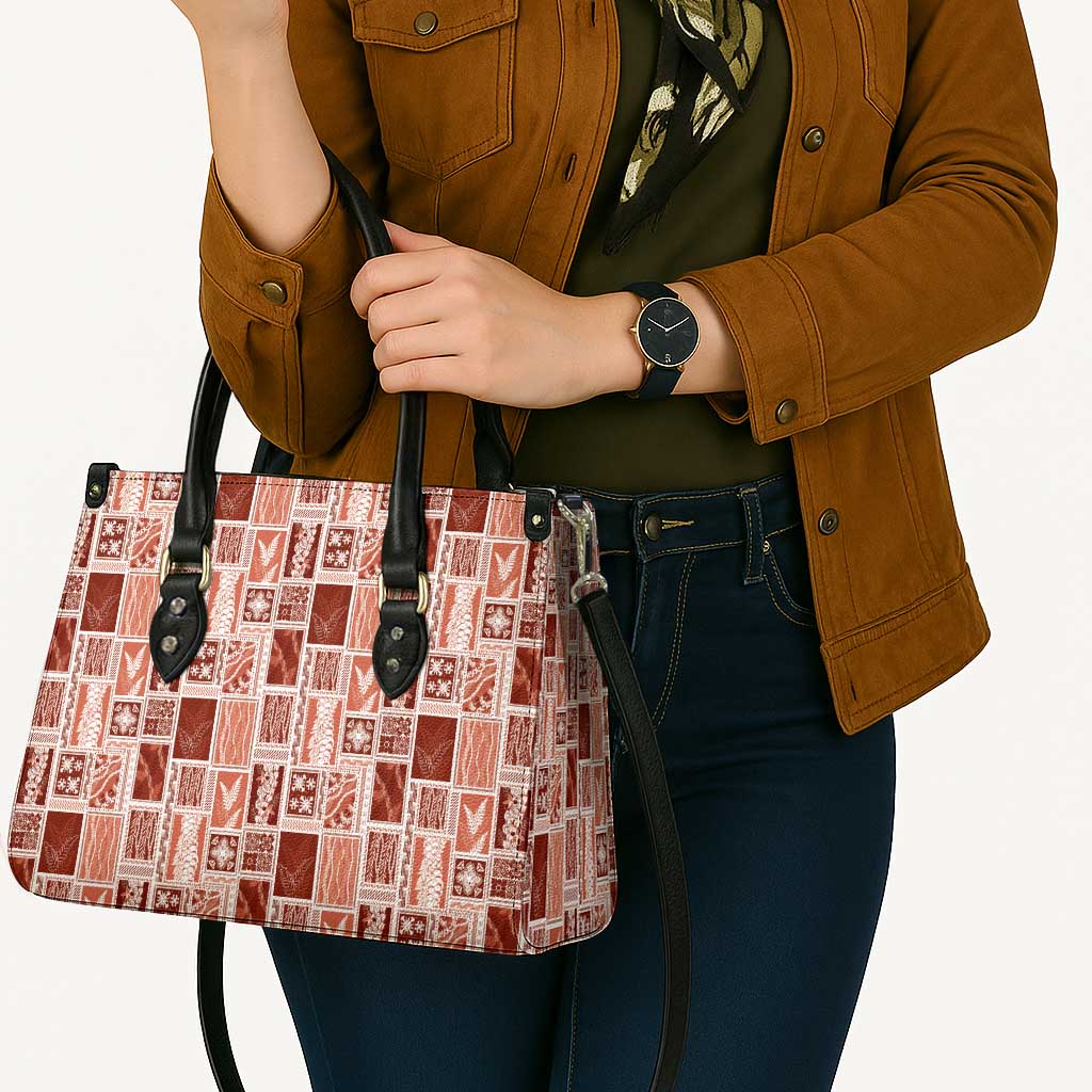 Vintage Aloha Block Quilt Leather Bag Red Inspired Lei Motifs - Polynesian Pride
