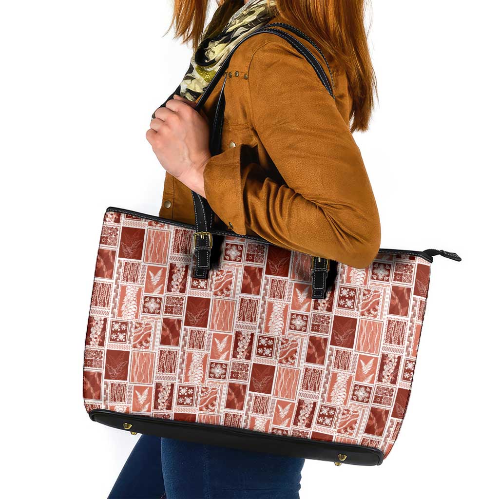 Vintage Aloha Block Quilt Leather Tote Bag Red Inspired Lei Motifs - Polynesian Pride
