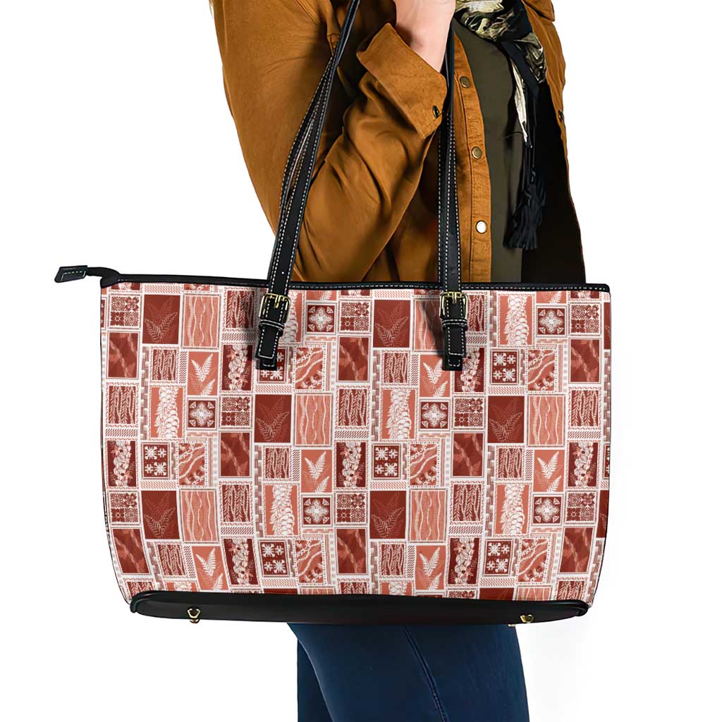 Vintage Aloha Block Quilt Leather Tote Bag Red Inspired Lei Motifs LT9 - Polynesian Pride