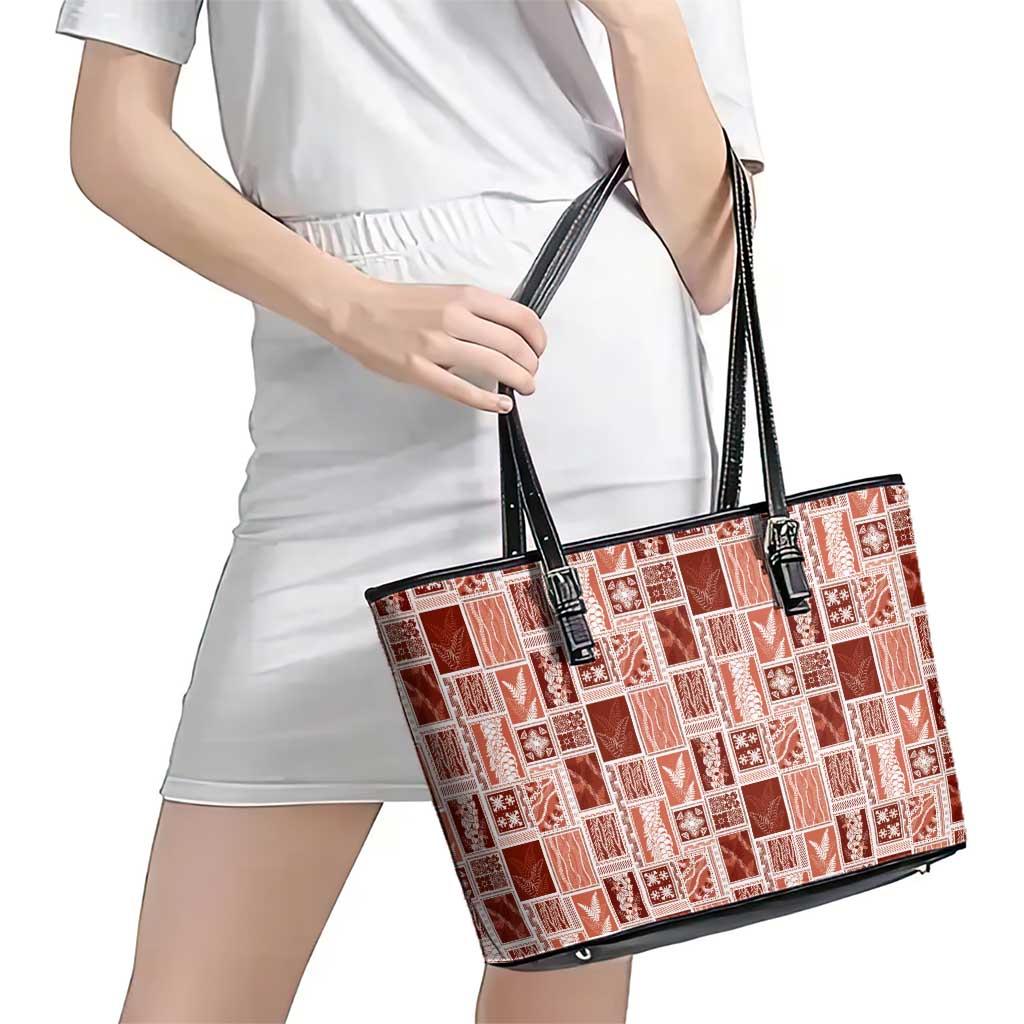Vintage Aloha Block Quilt Leather Tote Bag Red Inspired Lei Motifs LT9 - Polynesian Pride