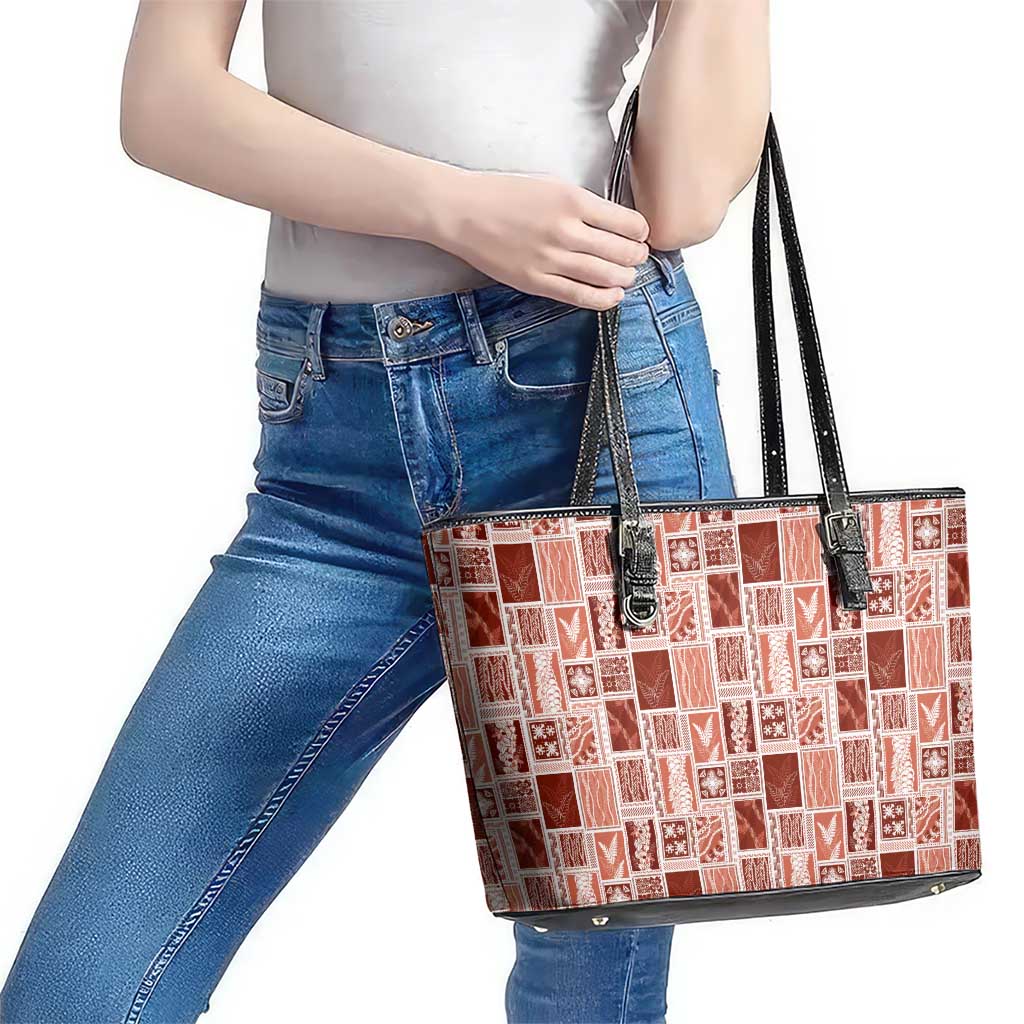 Vintage Aloha Block Quilt Leather Tote Bag Red Inspired Lei Motifs LT9 - Polynesian Pride