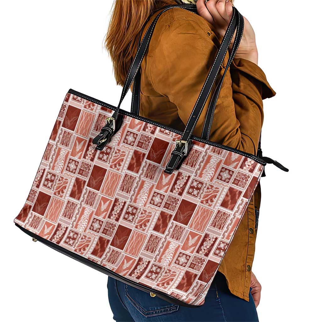 Vintage Aloha Block Quilt Leather Tote Bag Red Inspired Lei Motifs LT9 - Polynesian Pride