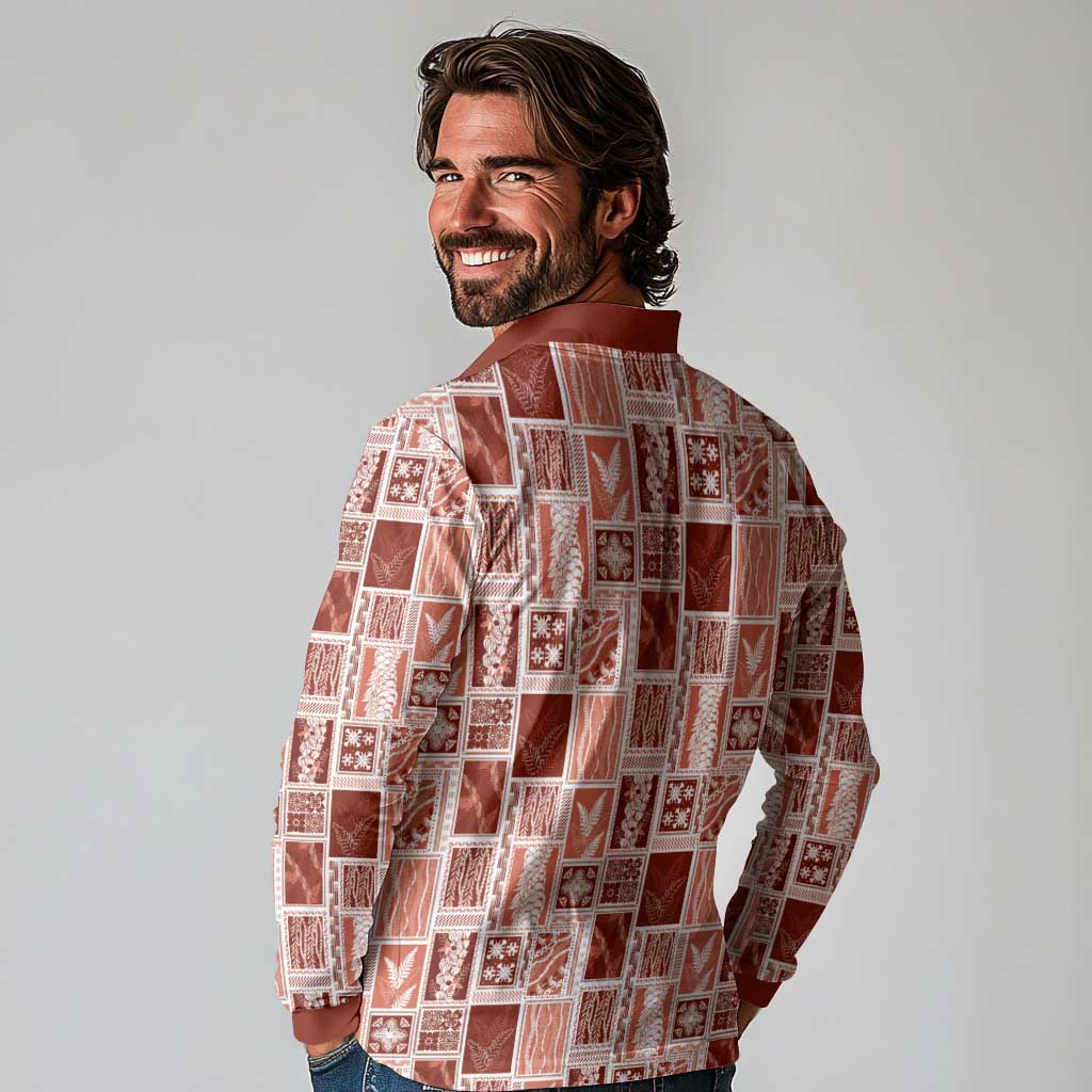 Vintage Aloha Block Quilt Long Sleeve Polo Shirt Red Inspired Lei Motifs - Polynesian Pride
