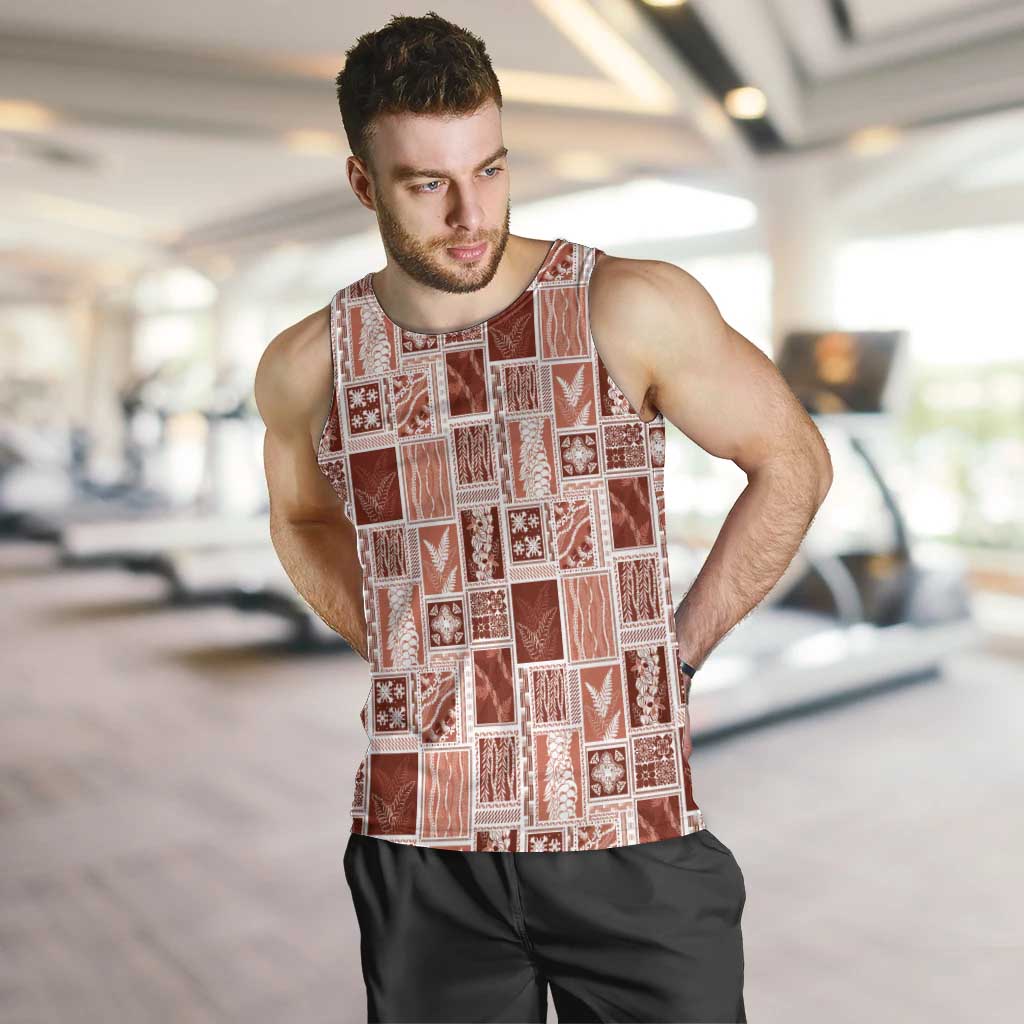 Vintage Aloha Block Quilt Men Tank Top Red Inspired Lei Motifs - Polynesian Pride