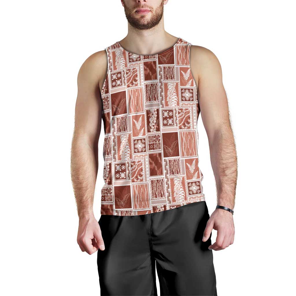 Vintage Aloha Block Quilt Men Tank Top Red Inspired Lei Motifs - Polynesian Pride